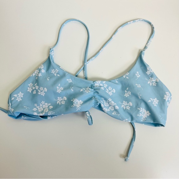 Blue Ditsy Floral Strappy Tie Back Ruched High Leg Bikini Swim Set - Picture 2 of 6